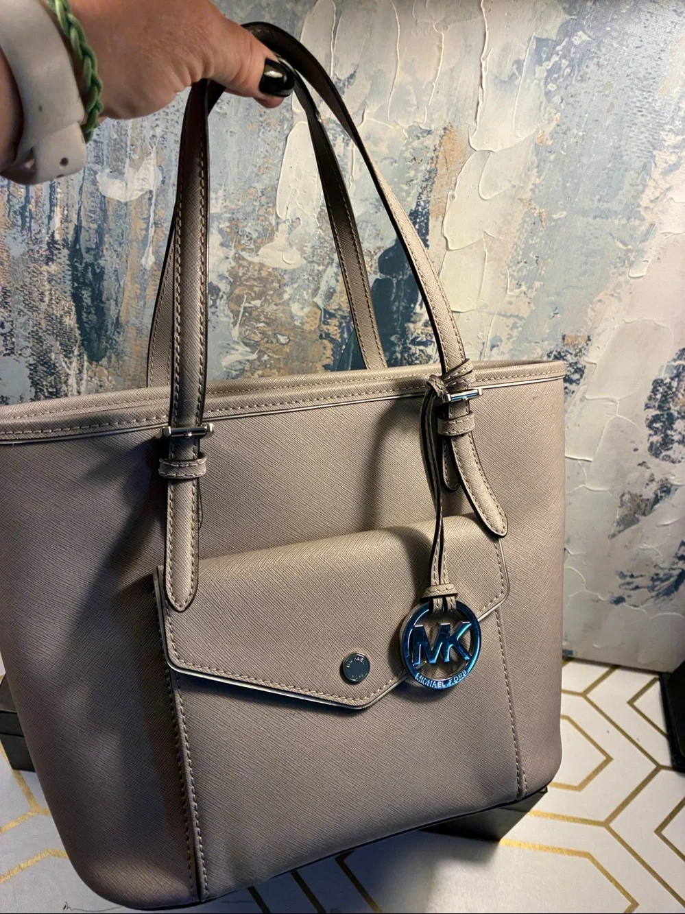 EUC Michael Kors Taupe Saffiano Leather Tote with MK Charm